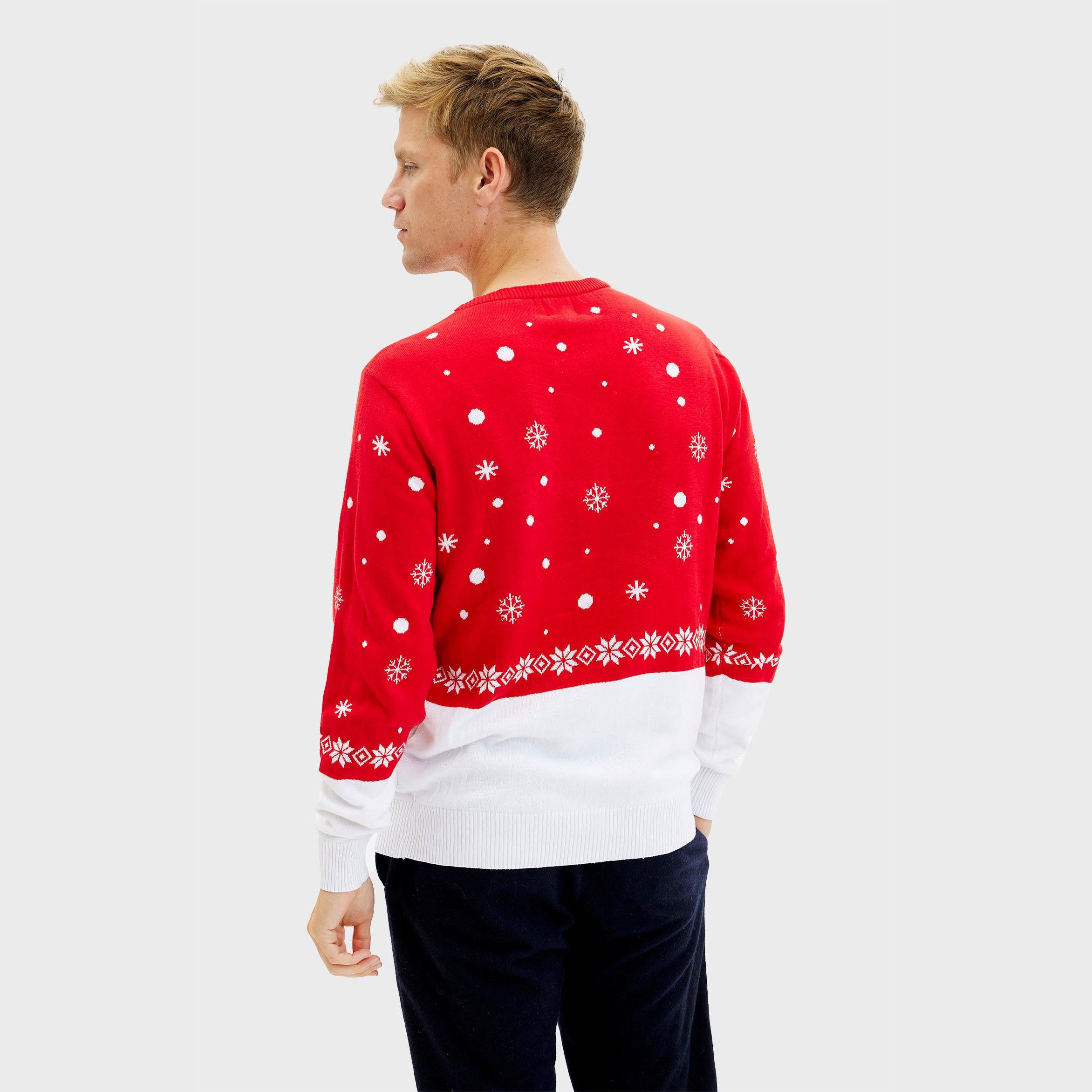 Roter Weihnachtspullover Herren mit weißen Schneeflocken und festlichem Muster, nachhaltige Bio-Baumwolle.